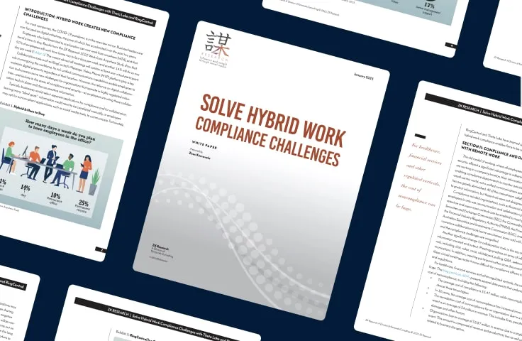 Whitepaper cover: A collage of pages about how to Solve Hybrid Work Compliance Challenges
