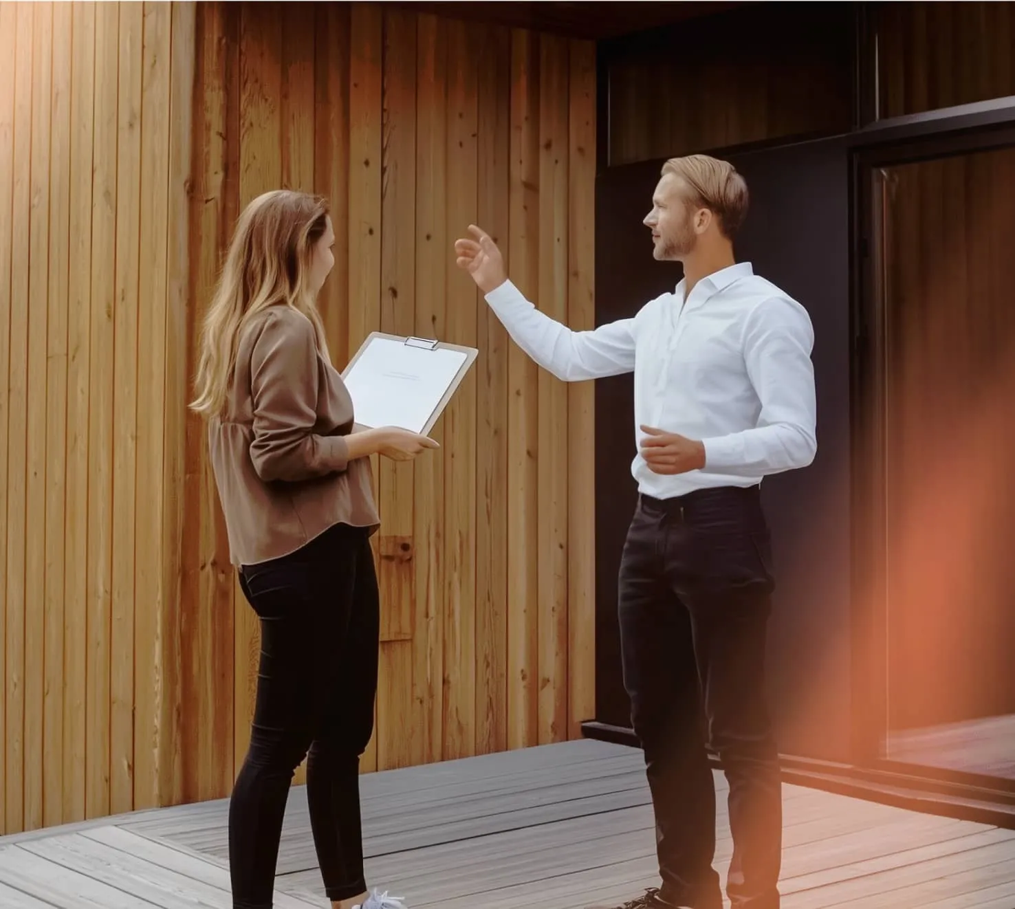 A real estate agent giving a house tour to a prospect buyer