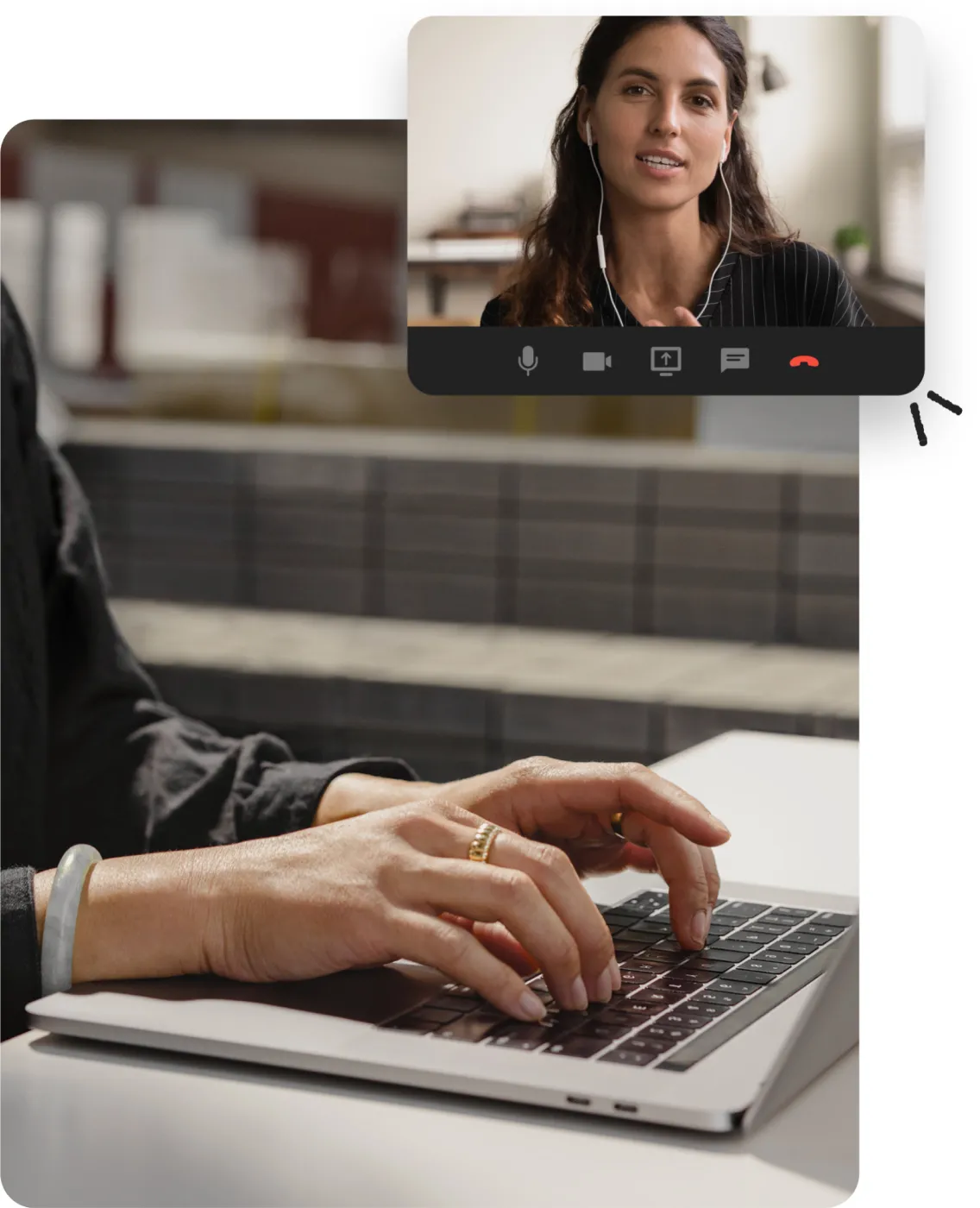 An agent talking to a customer while at home.