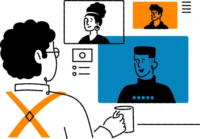 Illustration showing a RingCentral employee on a video call with leaders from various industries