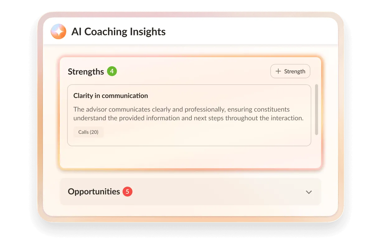 AI Coaching Insights interface highlighting strengths and opportunities.