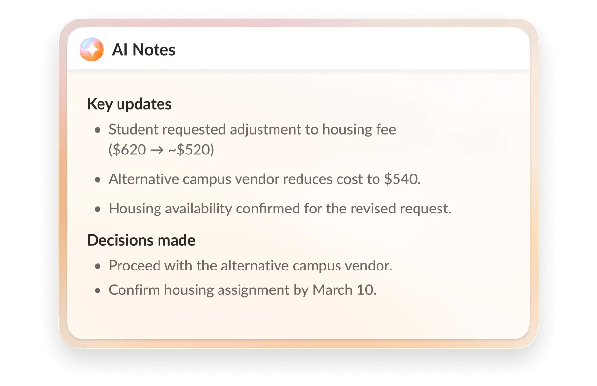 AI Notes: Key updates on housing fee adjustments and decisions to proceed with an alternative campus vendor for cost reduction.