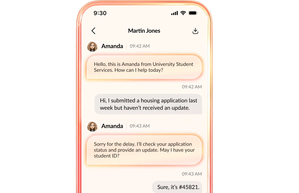 Smartphone displaying a text conversation about a housing application update.