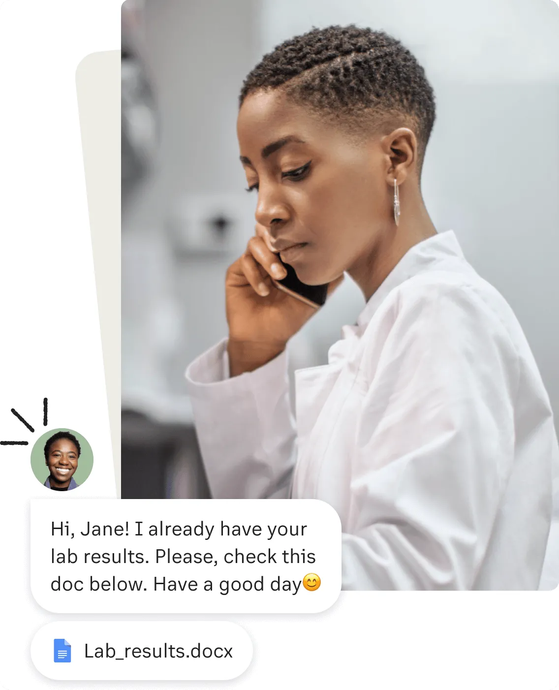 Female laboratory staff sending lab results via RingCentral app