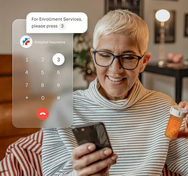 A woman holding a bottle of pills dials the hospital insurance number powered by RingCentral