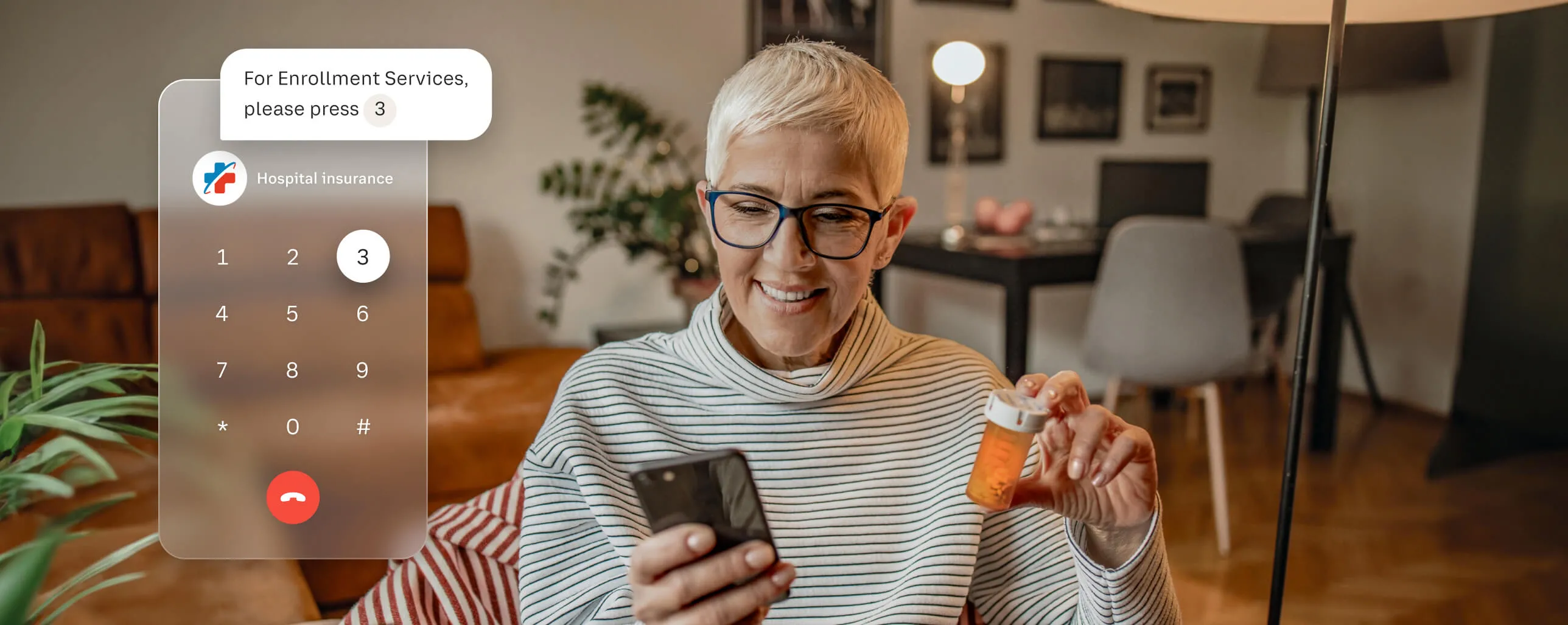 A woman holding a bottle of pills dials the hospital insurance number powered by RingCentral