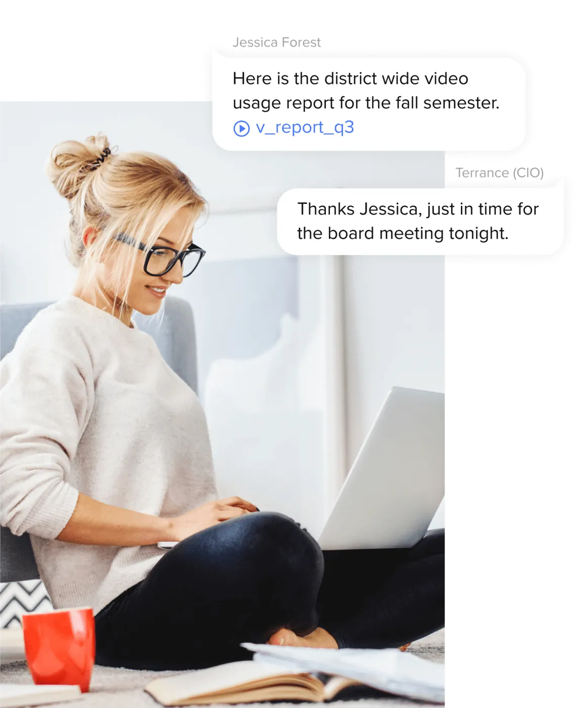 School administrator on a district-wide video conference