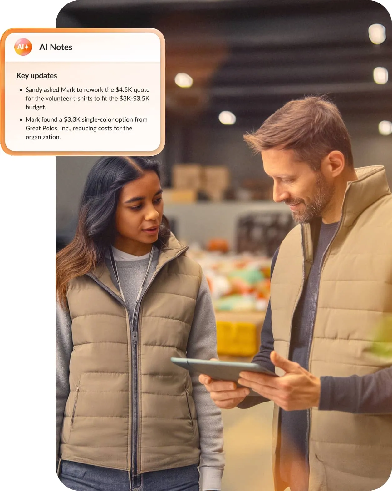 Two employees discuss t-shirt orders with an inset of the RingCentral AI Notes feature