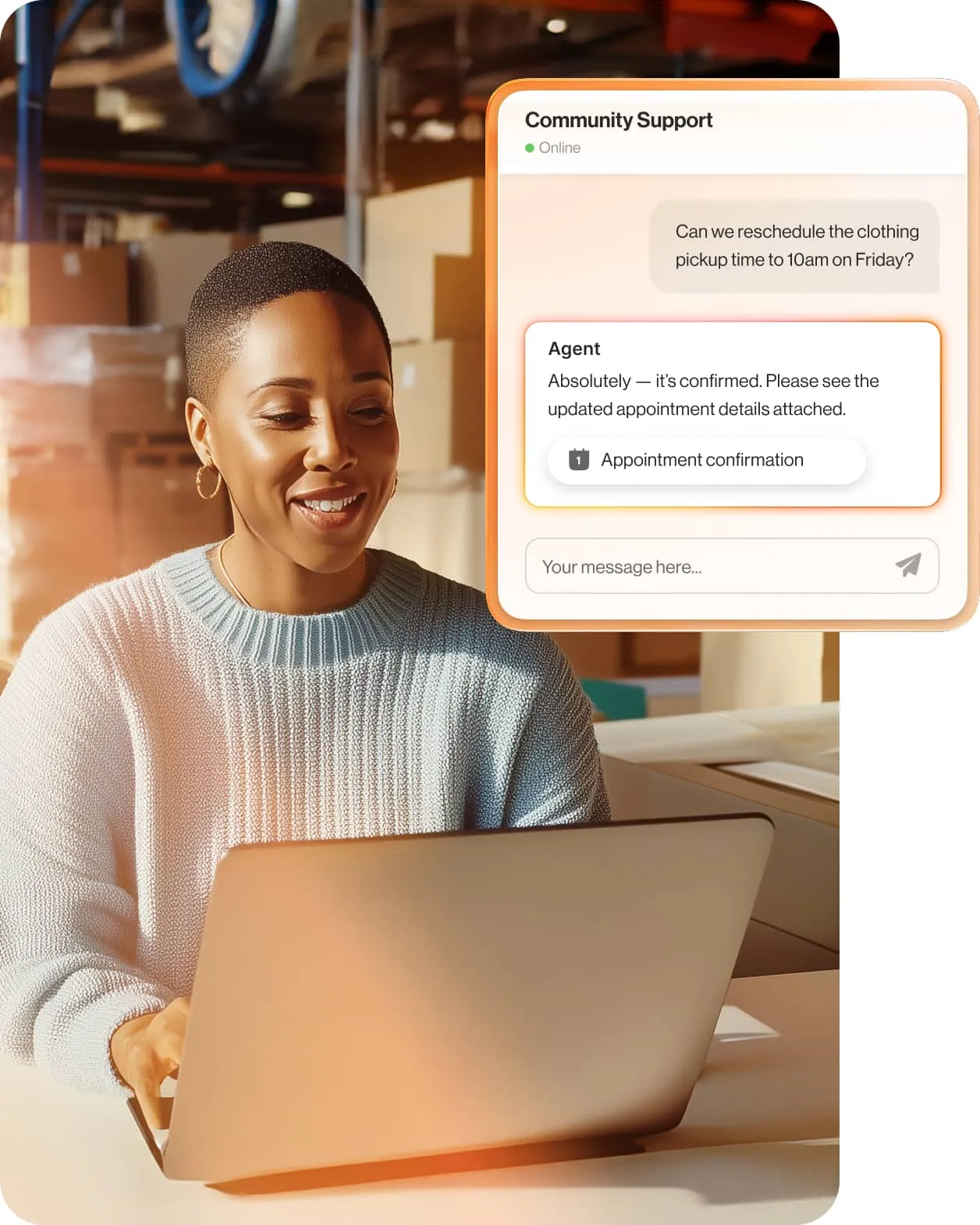 A volunteer smiles as she arranges pick-up time for a donation in the RingCentral app.