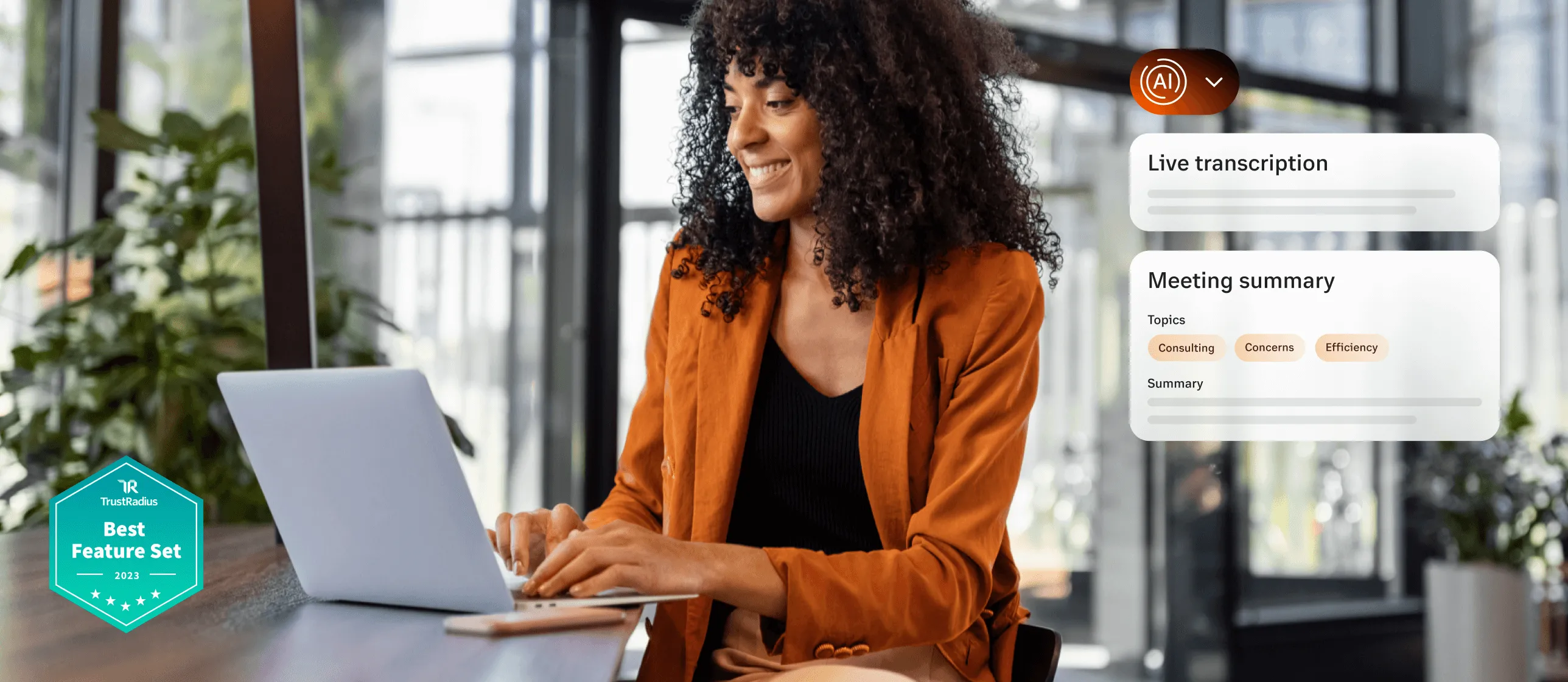 A woman using the Ai-powered live transcription feature of the RingCental app on her laptop with an insert of Trust Radius badge