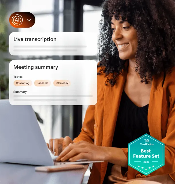 A woman using the Ai-powered live transcription feature of the RingCental app on her laptop with an insert of Trust Radius badge