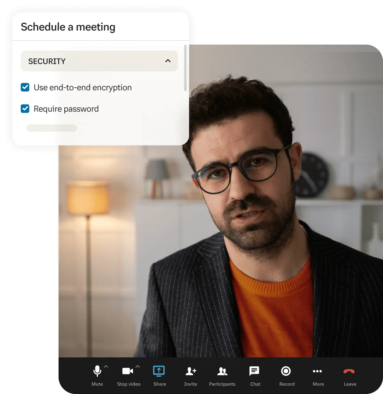 A man engaged in an end-to-end encrypted video call using hte RingCentral app
