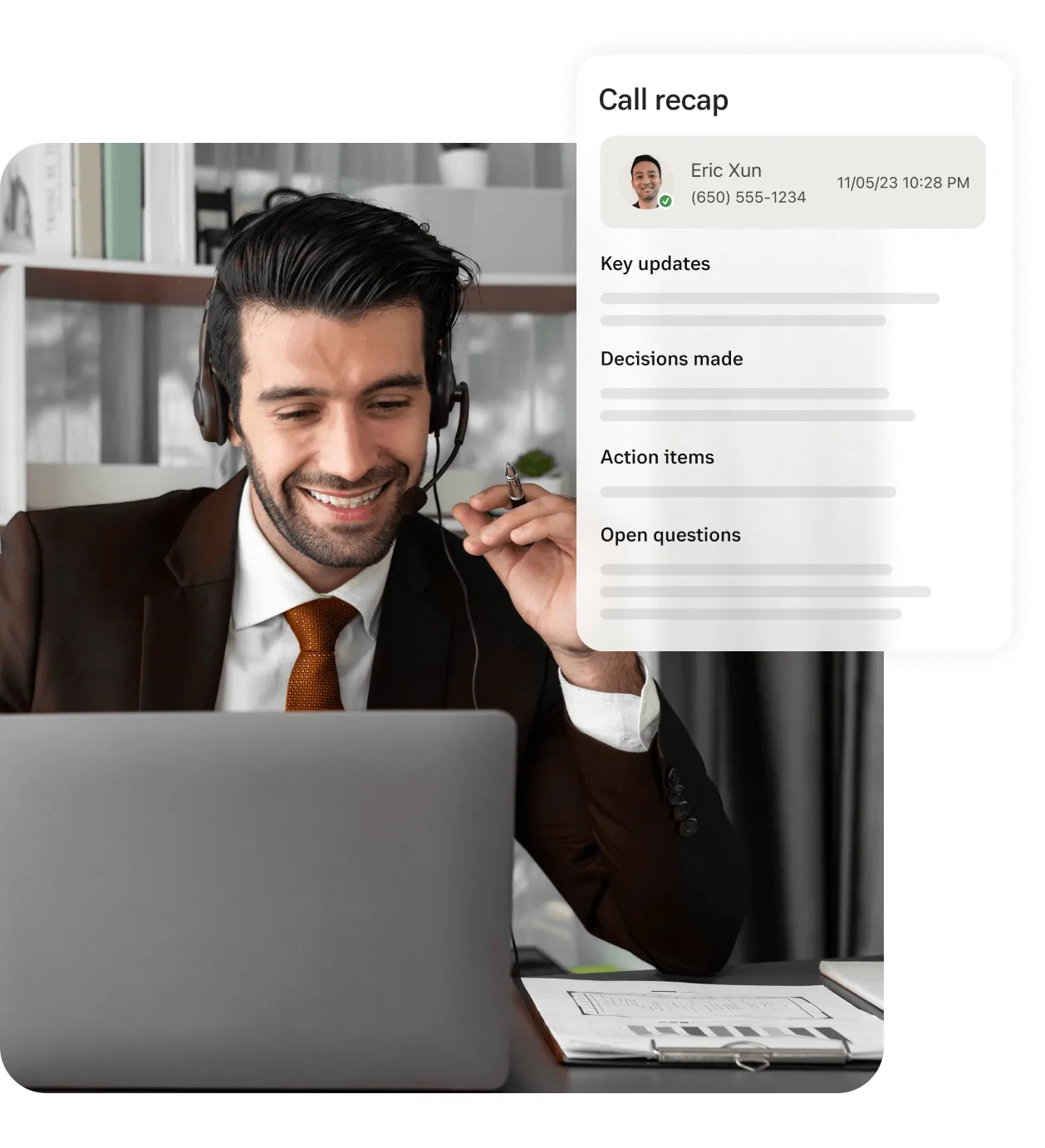 A man using the Call recap feature of the RingCentral app on his video conference