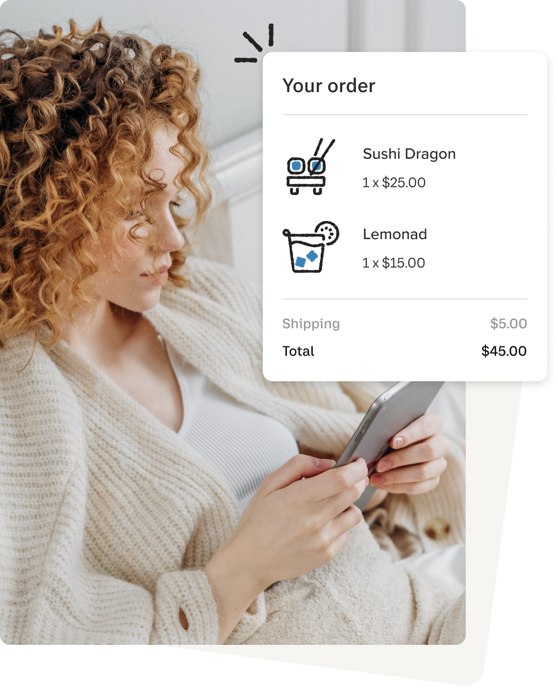 A woman placing a food order online
