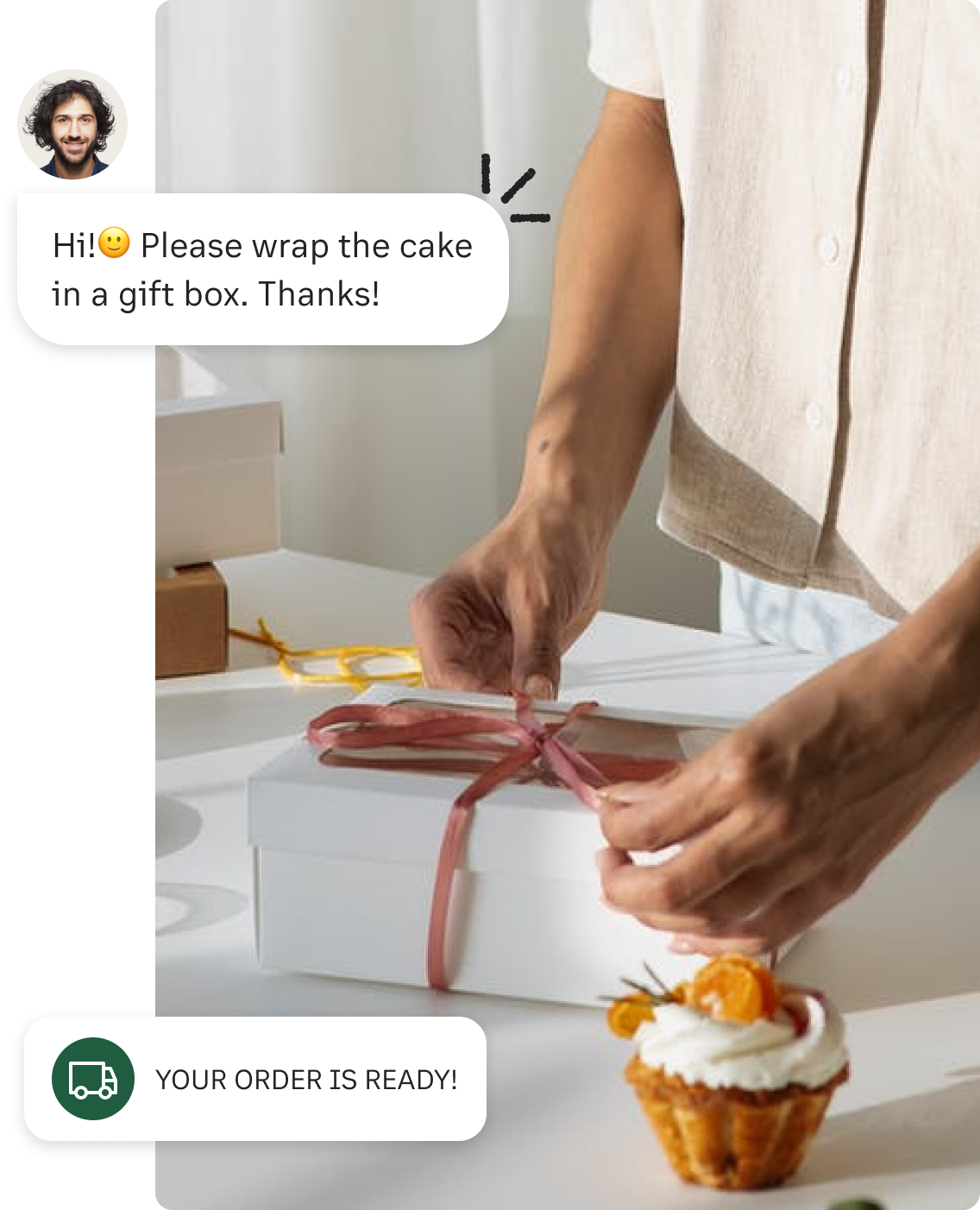 A cake box being tied with a ribbon