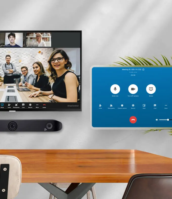 An ongoing video conference between teams using RingCentral Rooms