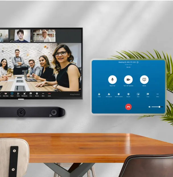 An ongoing video conference between teams using RingCentral Rooms