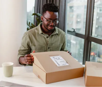 A man opening a Device-as-a-Service subscription equipment from RingCentral