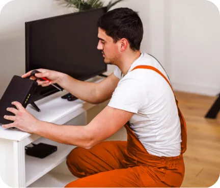 A man installing video conferencing equipment