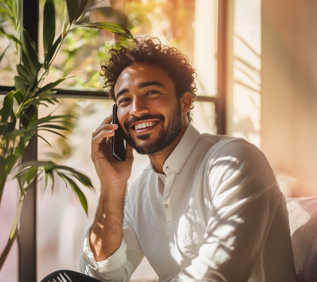 A smiling man having a call on his mobile phone
