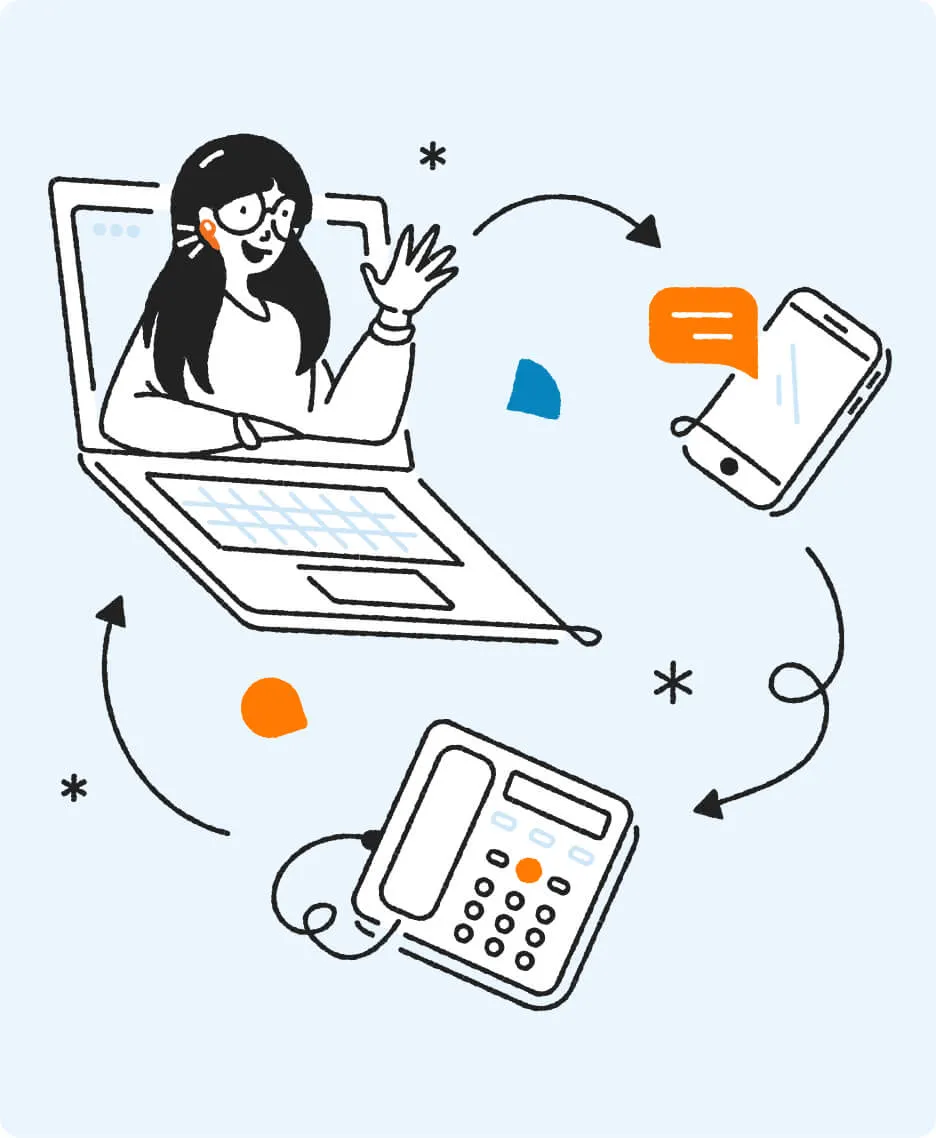 An illustration of a woman making phone calls via laptop, phone, and desk phone