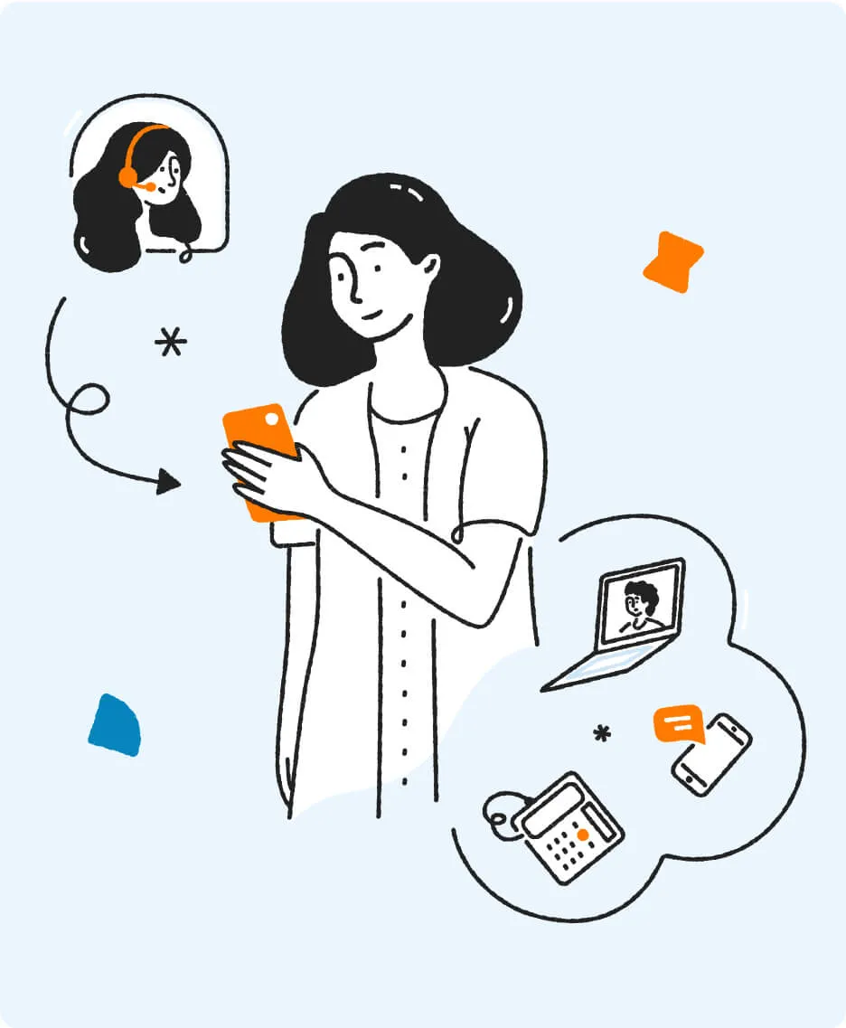 An illustration of a business person using the UCaaS + CCaas platform of RingCentral to reach out to customers