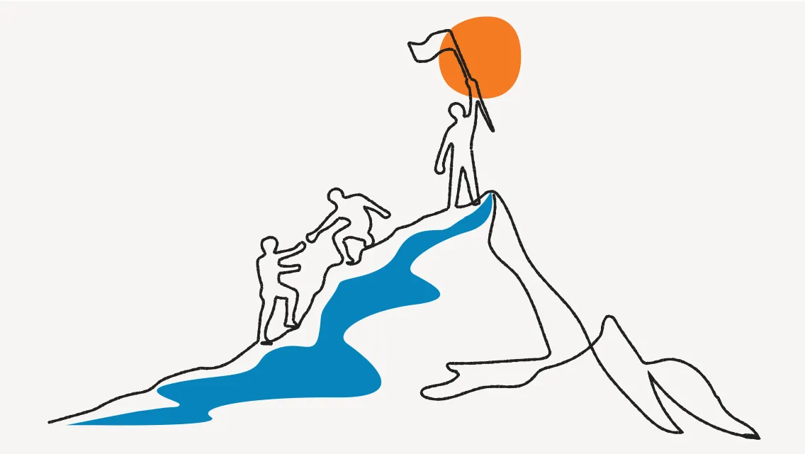 An illustration of three figures climbing a mountain with the figure at the top raising a flag