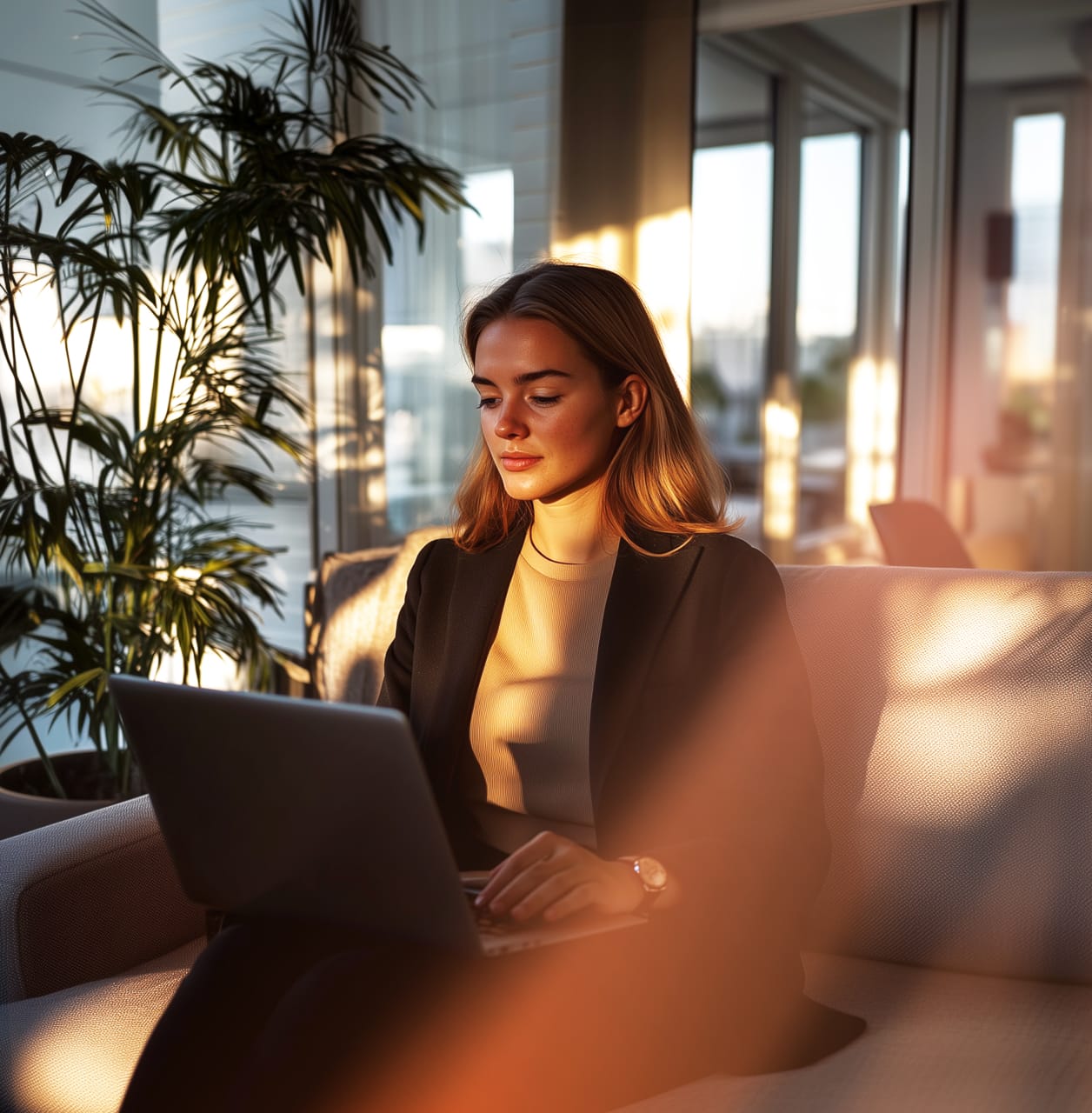 A woman looking at her laptop while sitting in a couch