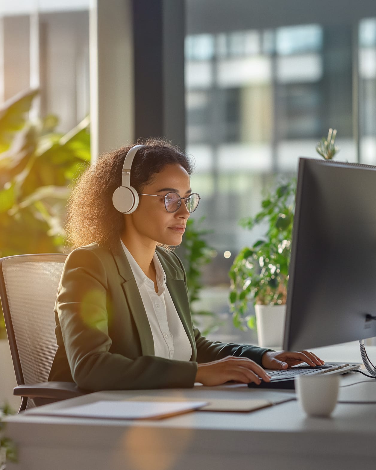 A woman with headphones typing on her keyboard while looking at her monitor
