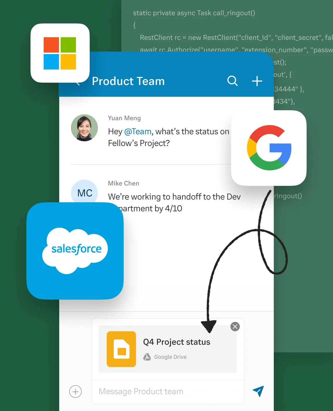 Miembro del equipo que comparte un documento creado a través de las integraciones de RingCentral