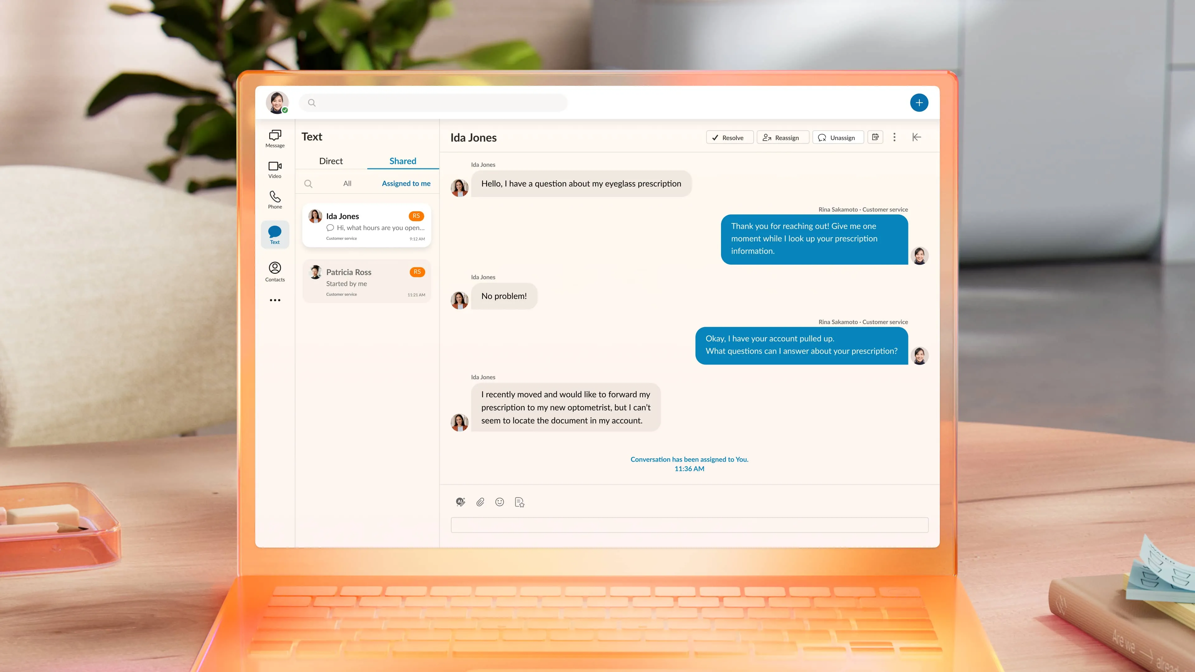 An image of the RingCentral app displaying a text message exchange between a business and a customer.