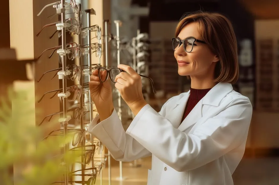A smiling female optometrist, wearing a white lab coat and glasses, holds up a pair of eyeglasses in an optical store.