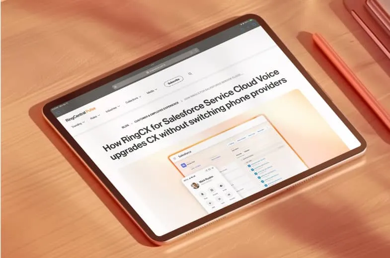 RingCentral Pulse blog post displayed on a tablet, titled "How RingCX for Salesforce Service Cloud Voice upgrades CX without switching phone providers."