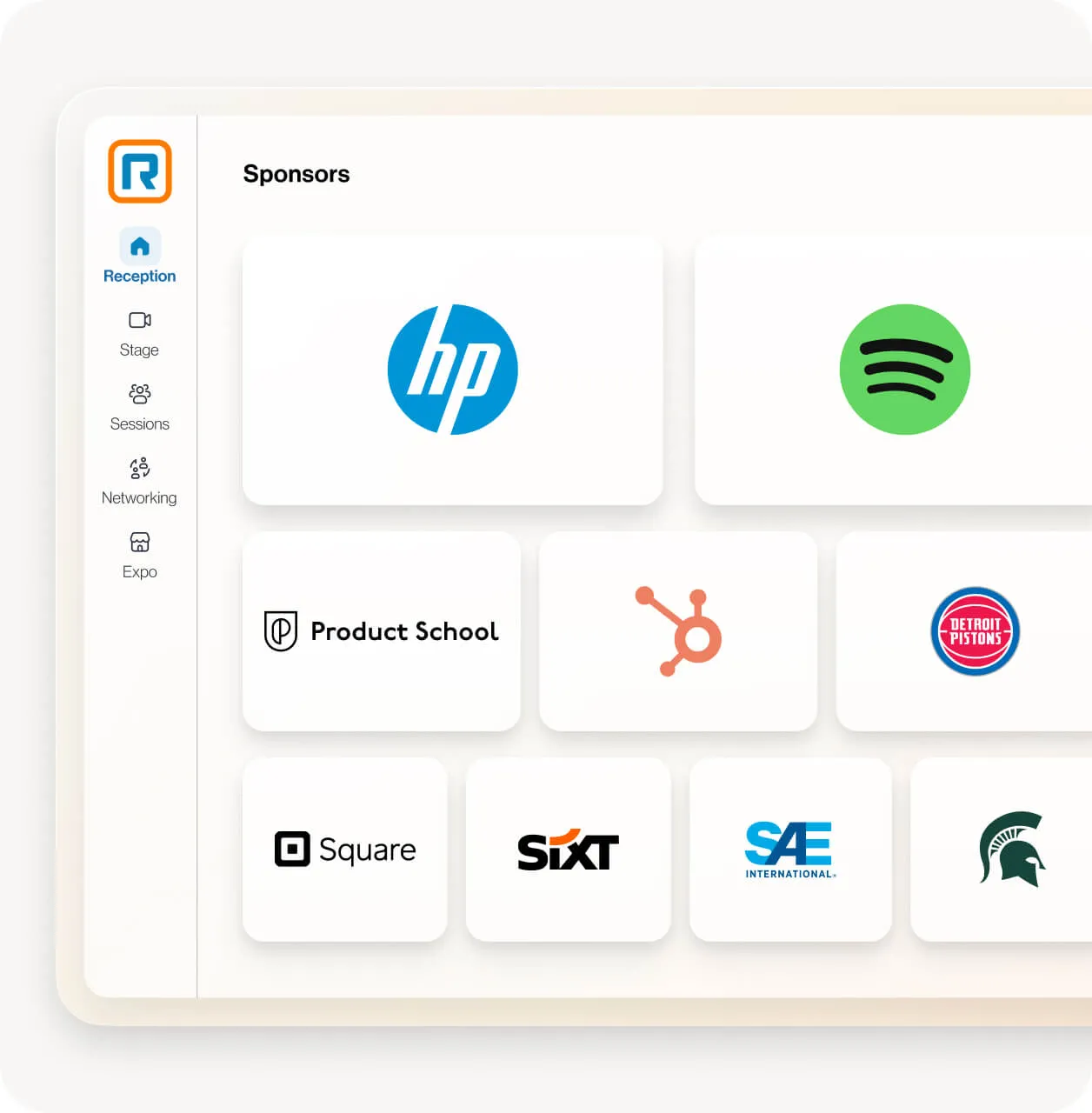Library of Sponsors as seen in the Reception tab of RingCentral Events such as HP, Spotify, Product School, Hubspot, Detroit Pistons, Square, Sixt, SAE International, and Michigan State University 
