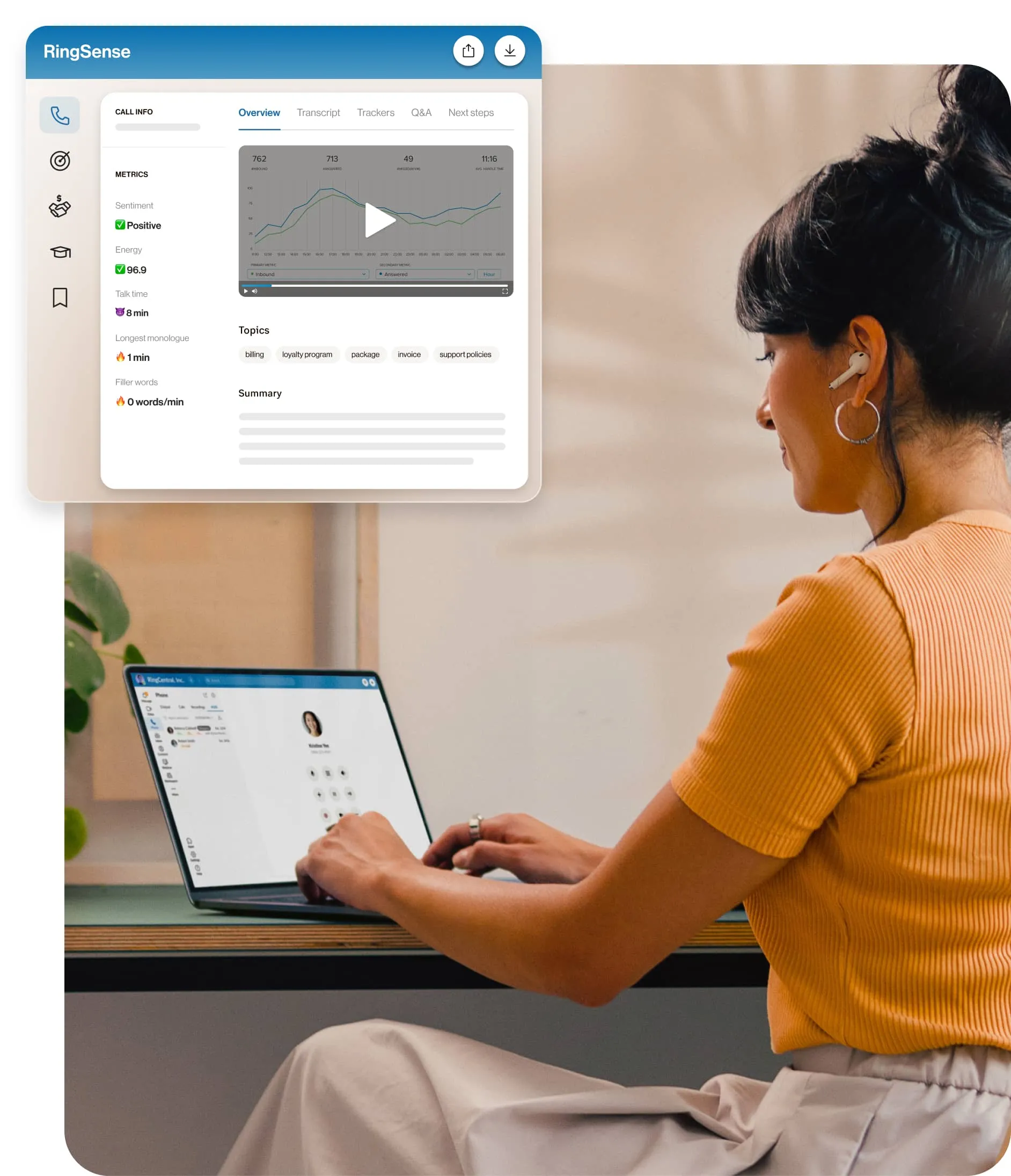A woman using the RingSense AI on her laptop