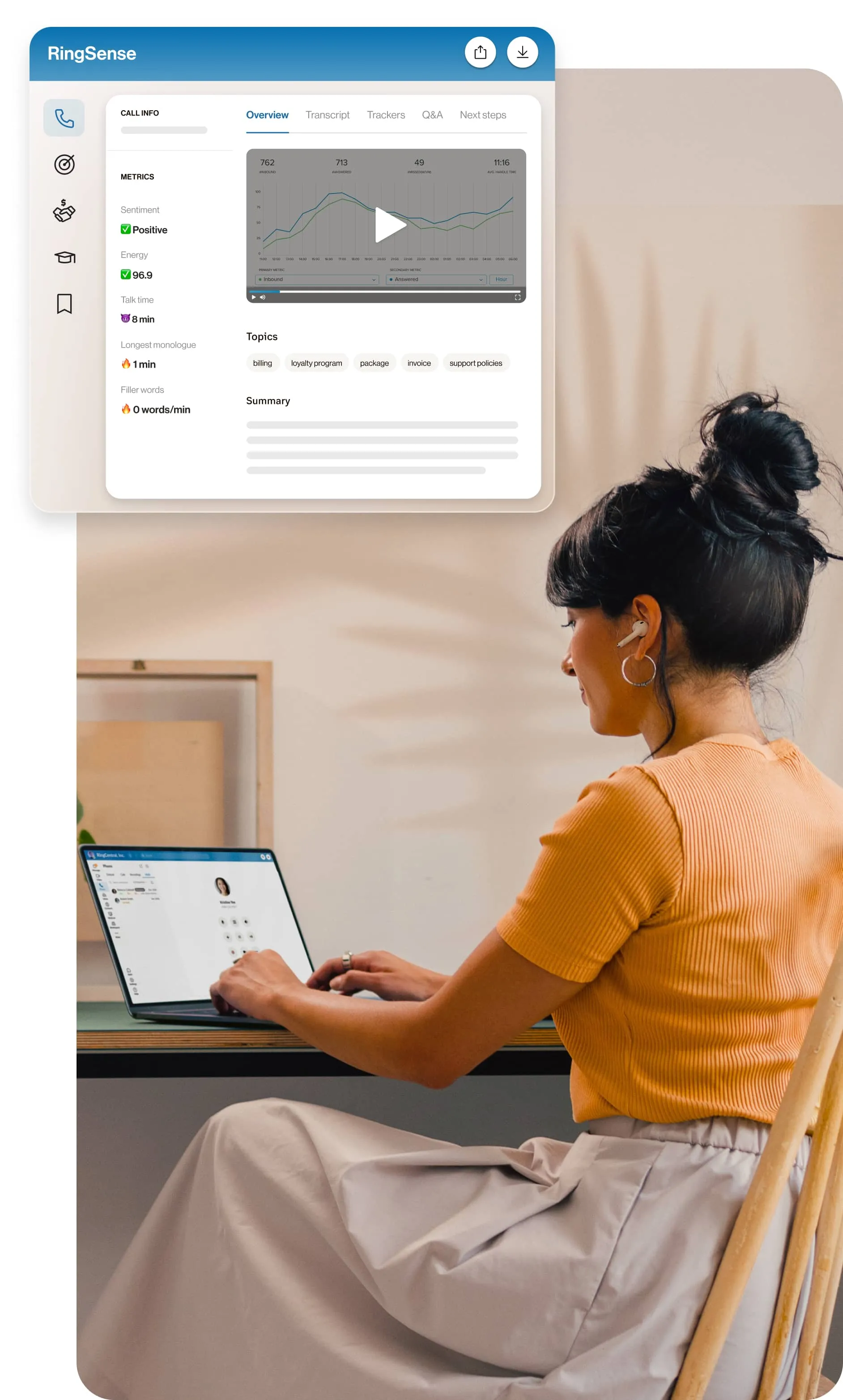 A woman using the RingSense AI on her laptop