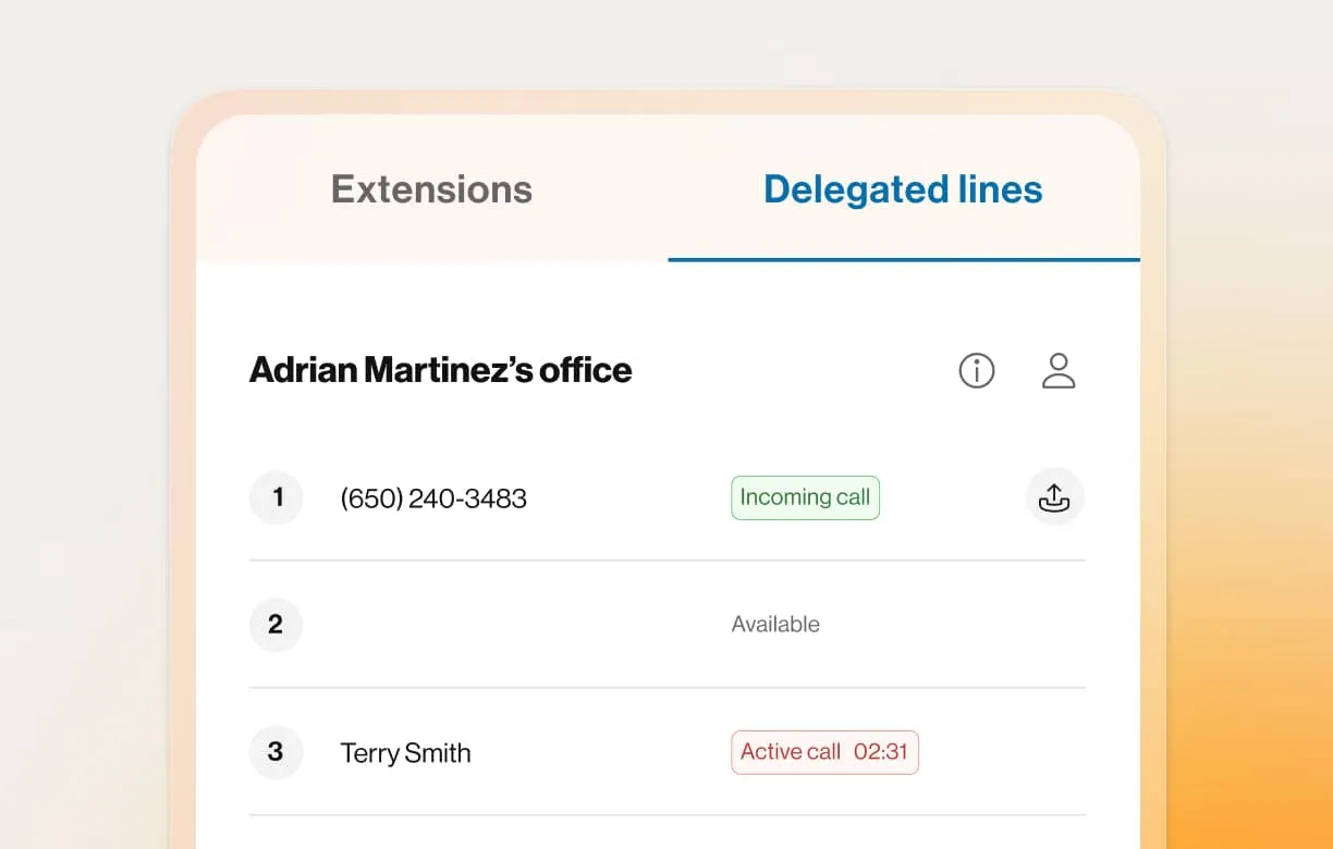 A list of delegated lines in the RingCentral app