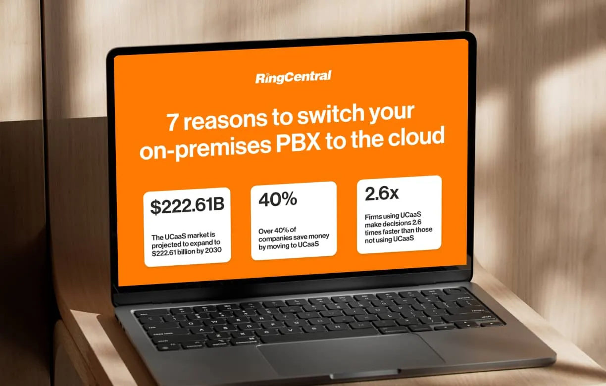 A RingCentral infographic about 7 reasons to switch your on-premise PBX to cloud open in a laptop