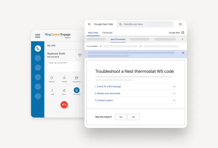 A Google Nest Help window over the RingCentral Engage phone dashboard