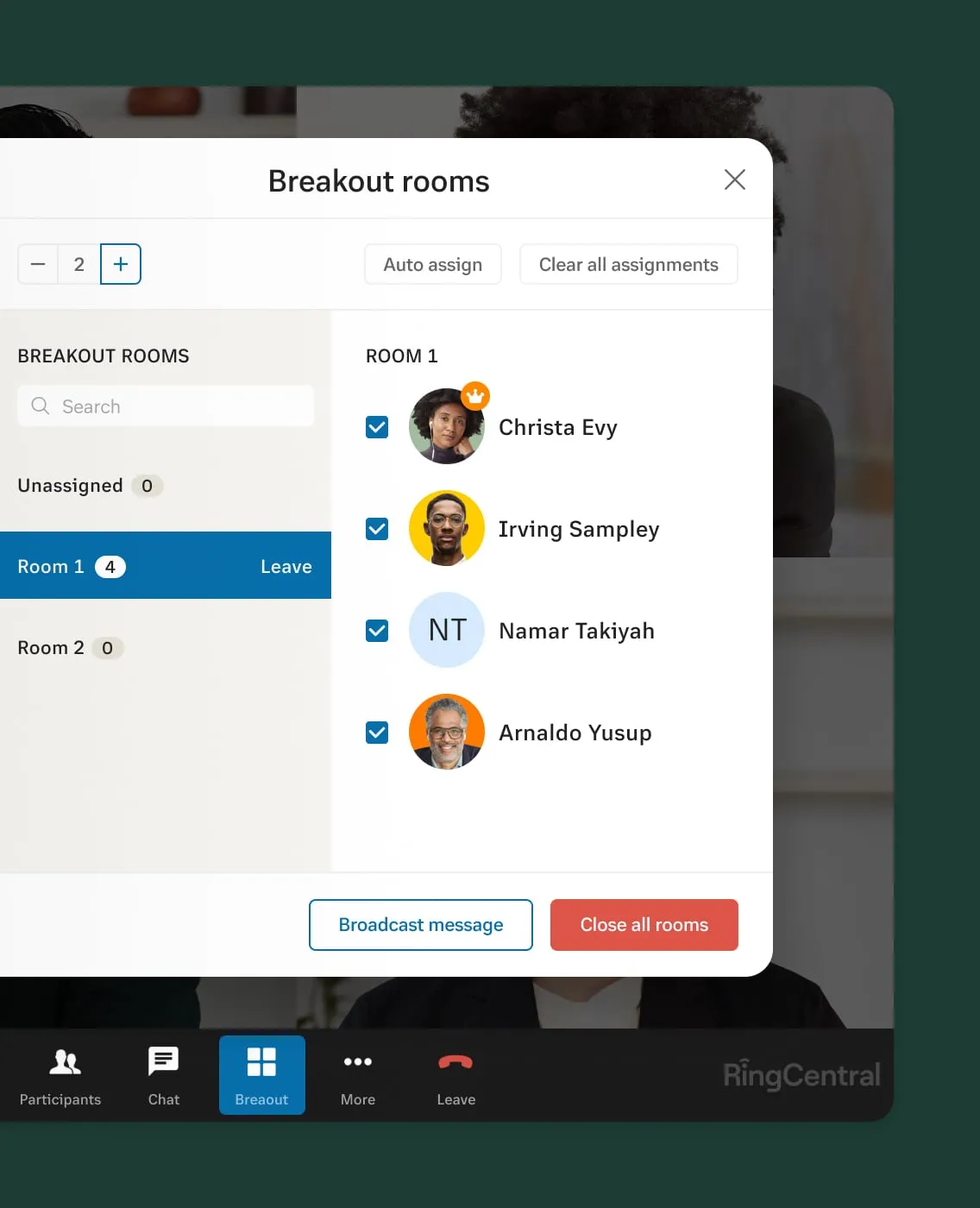 Team members using RingCentral to create breakout rooms for brainstorming sessions