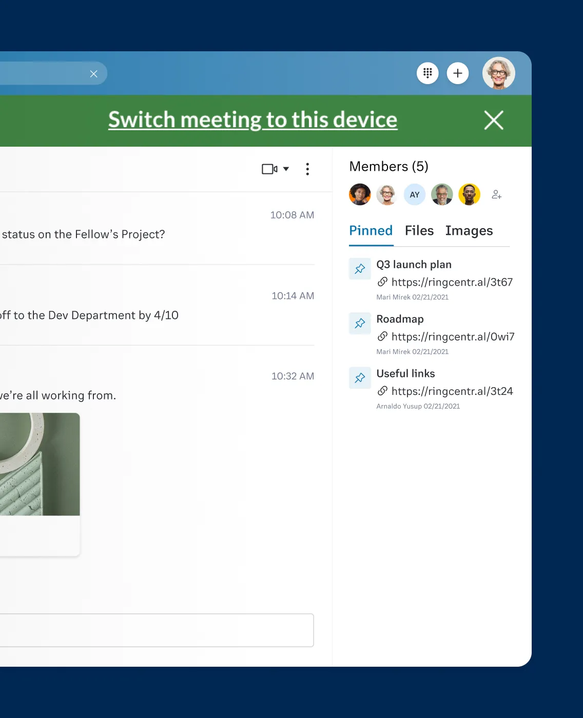 RingCentral app button to switch meeting between devices