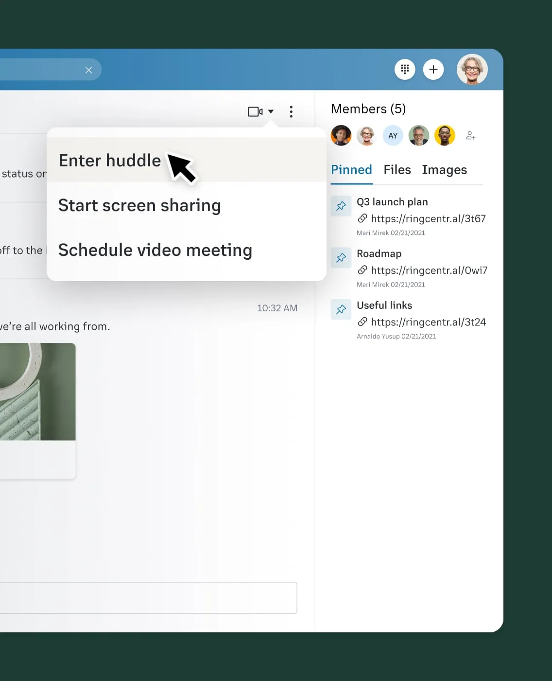 Team Huddle button on the RingCentral App