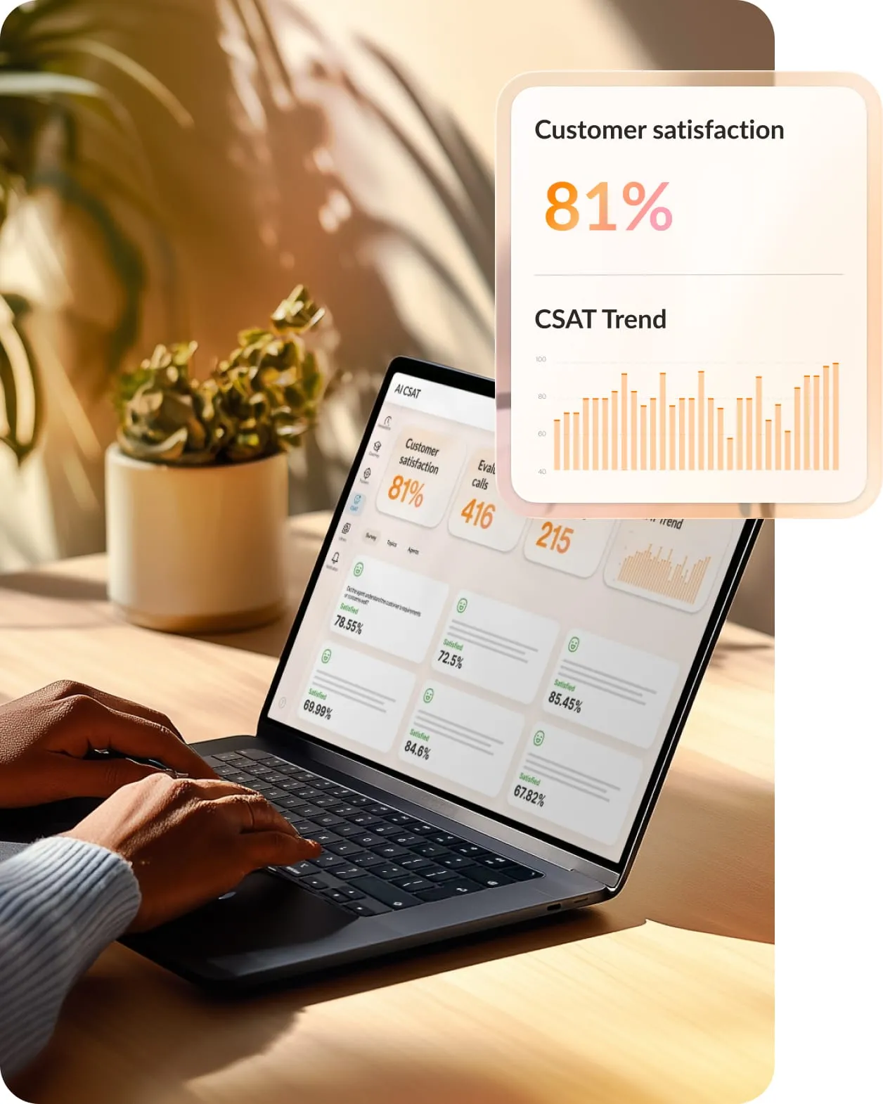 A person using a laptop to view a RingCentral AI CSAT dashboard displaying an 81% customer satisfaction rate and historical satisfaction trends