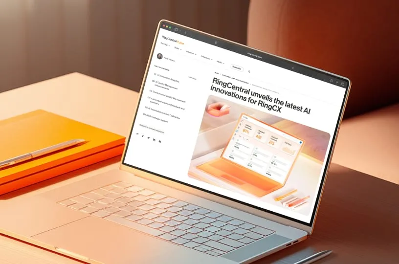 Laptop screen showing a RingCentral Pulse article about how Customer Journey Analytics integrates UCaaS and CCaaS data.