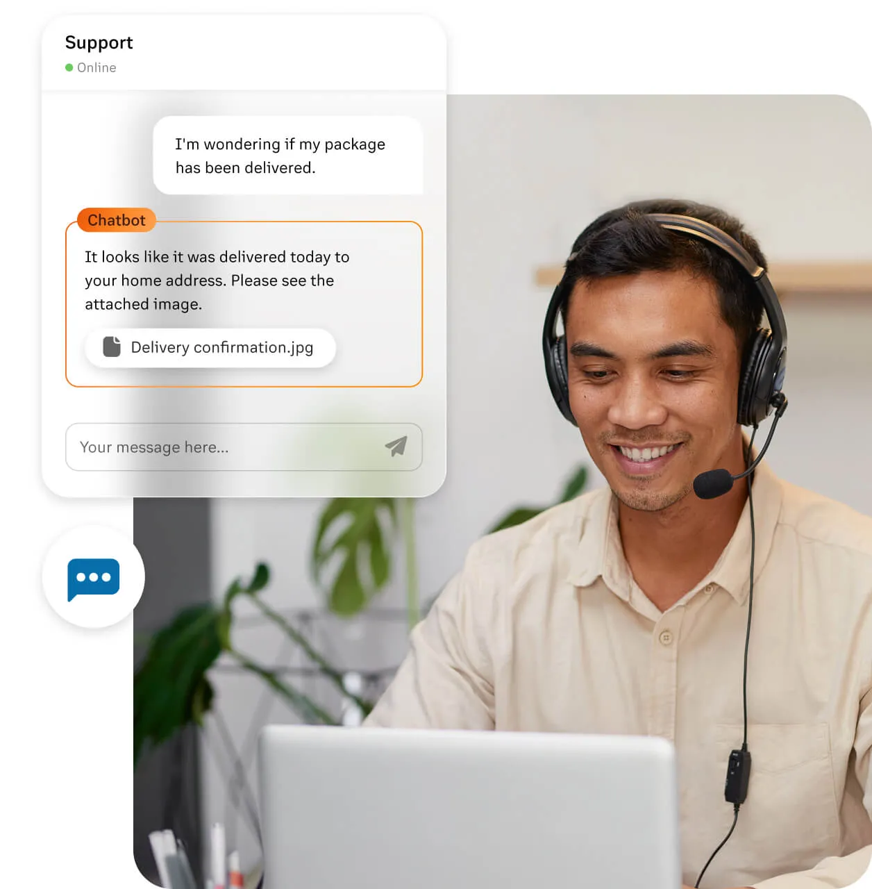 A male agent providing support while an AI chatbot handles a simple package delivery inquiry