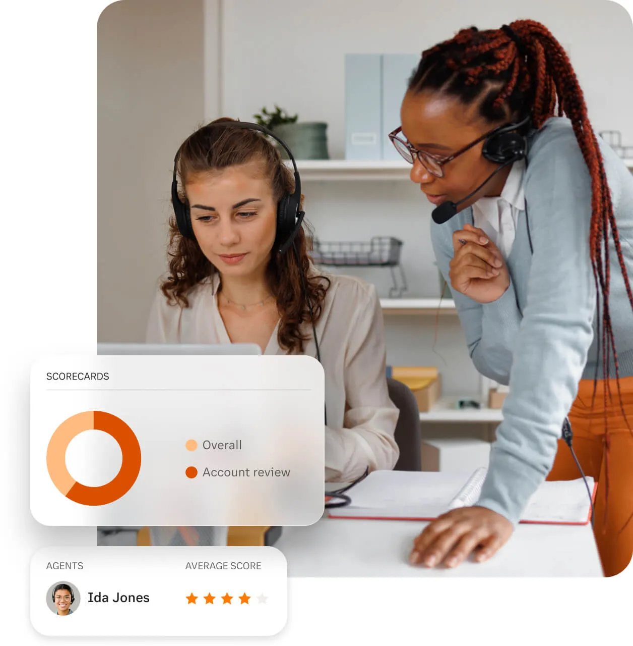 A call center manager coaching a female agent during a live call