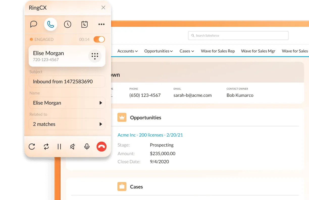 Interface de RingCentral RingCX affichant plusieurs fenêtres ouvertes, notamment un appel en cours et un message d’assistance par chatbot en cours