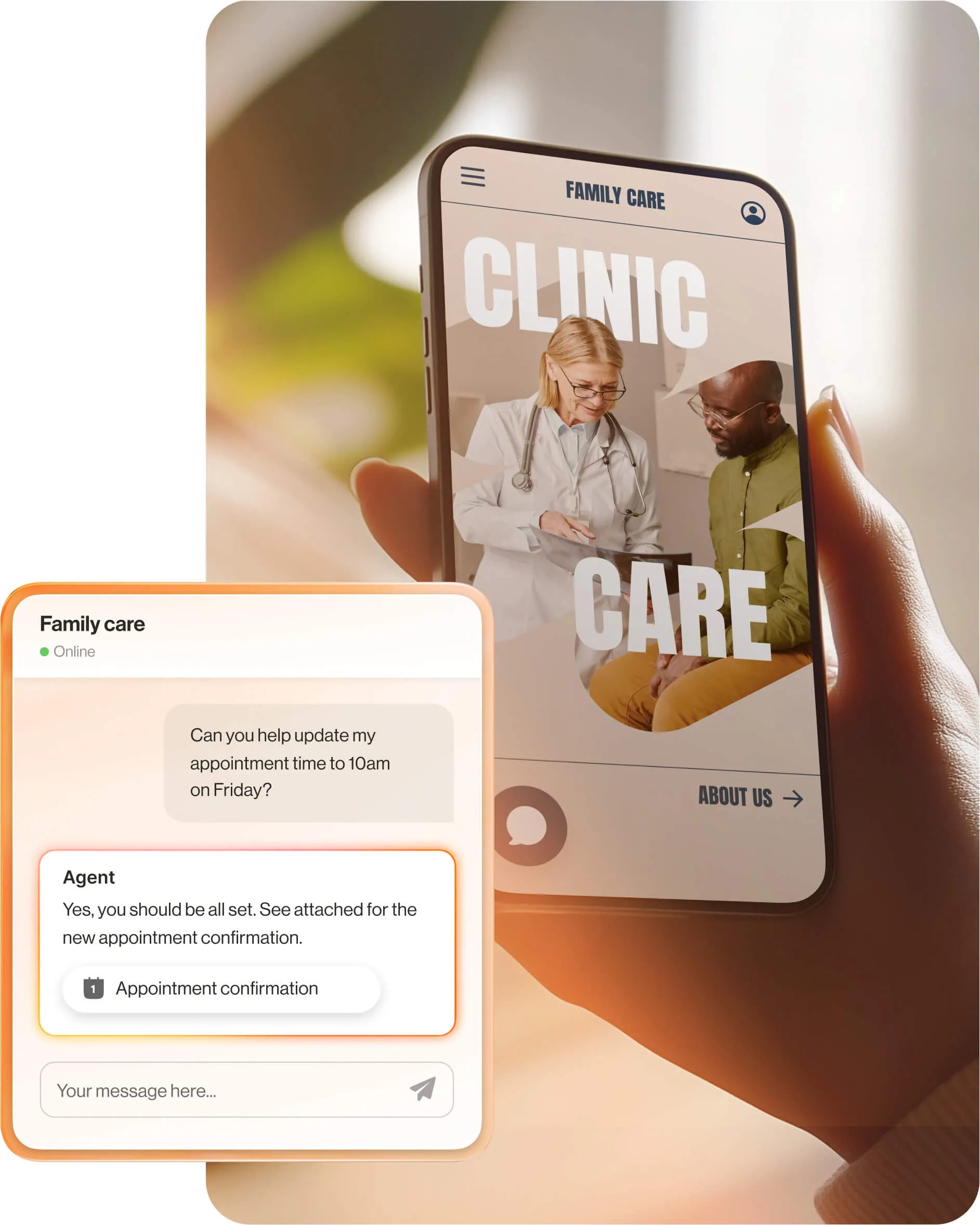Un téléphone portable affichant la photo d’un docteur et de son patient, et une fenêtre contextuelle d’un message d’assistance par chatbot pour une confirmation de rendez-vous