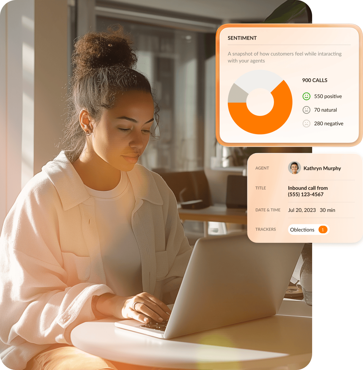 A person sits at a laptop, and to the right, an illustration shows call center KPIs for sentiment by agent
