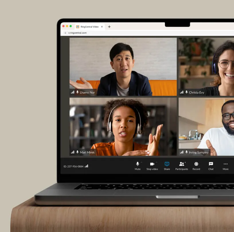 An ongoing video conference by a team using the RingCentral Desktop app installed on a laptop